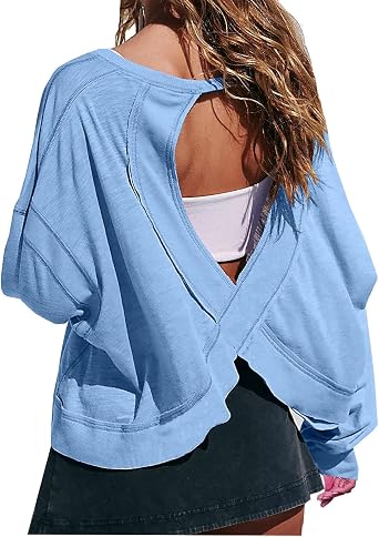 Open Back Workout Tops for Women Baggy Long Sleeve Athletic T-Shirt Backless Round Neck Gym Running Yoga Crop Tops