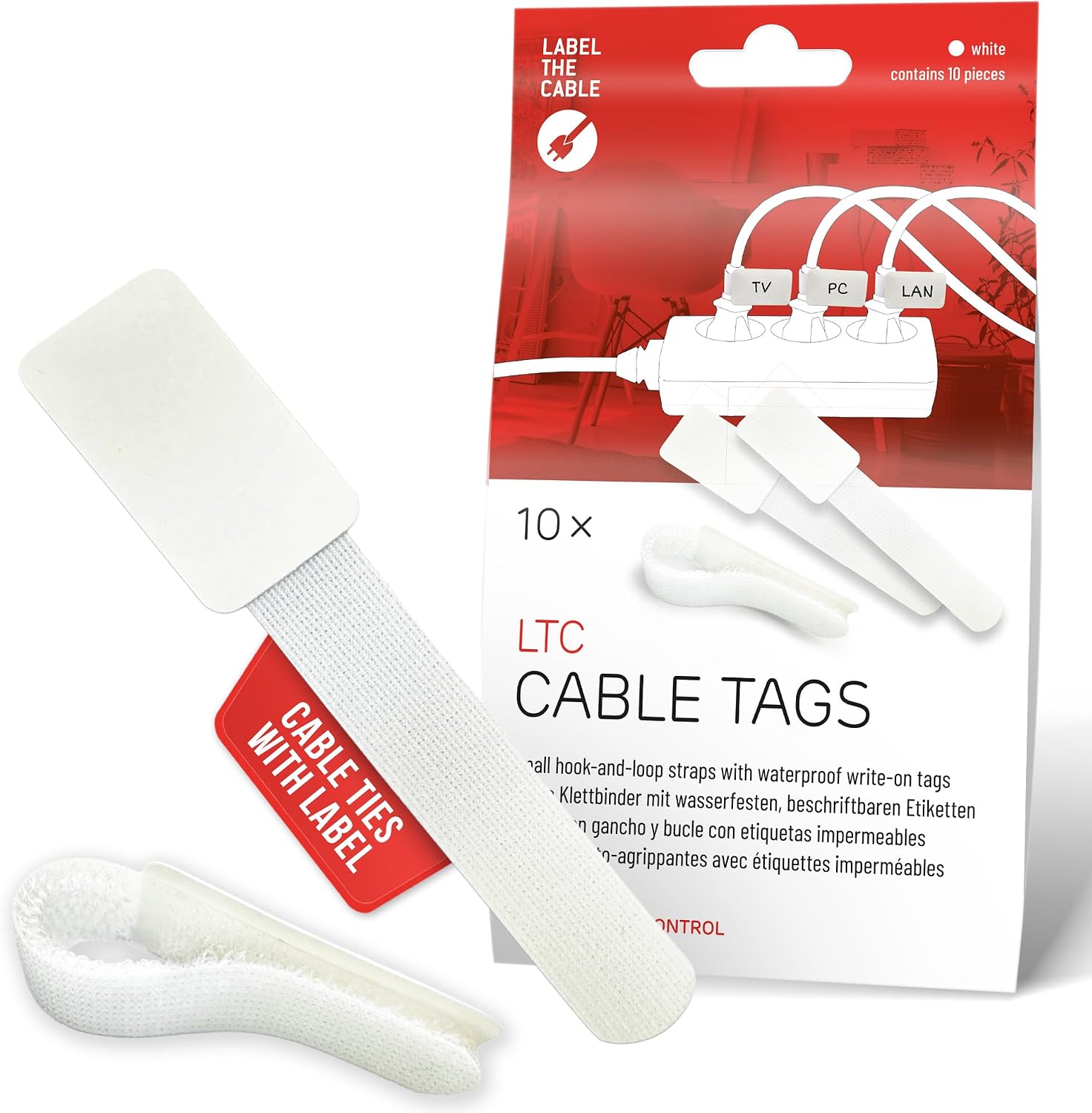 CABLE TAGS – Writable hook and loop cable ties 90mm x 12mm white 10-pack – Reusable cable ties with stone paper labels – Identification tags for cable management, labeling, home office & studio