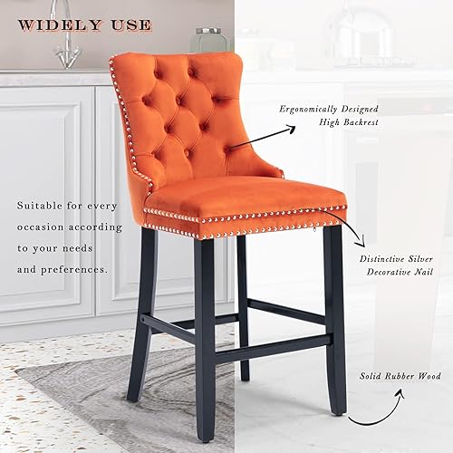 Miniatura 2 de SoarFlash Juego de 2 taburetes de bar tapizados de terciopelo modernos con patas de madera, botones acolchados, cabeza de clavo cromada, asiento de