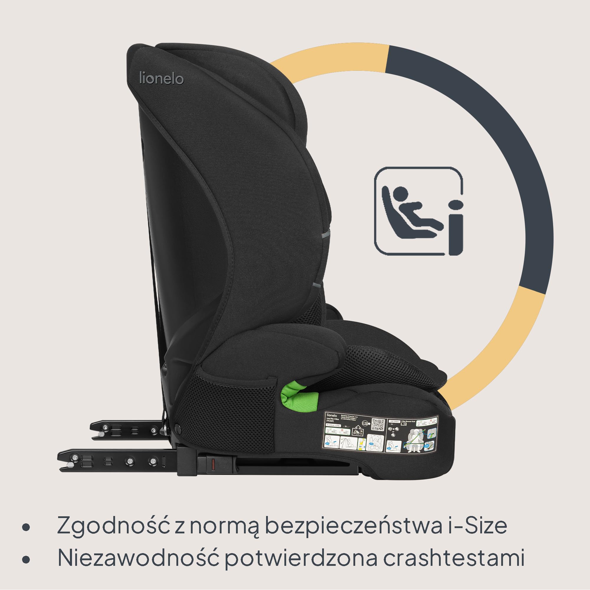 Lionelo Levi Fix I-SIZE fotelik dziecięcy 76-150 cm do 18 kg, grupa 1 2 3, osłona boczna, regulacja zagłówka 10 stopni, ISOFIX i montaż Top Tether, R129 i-Size