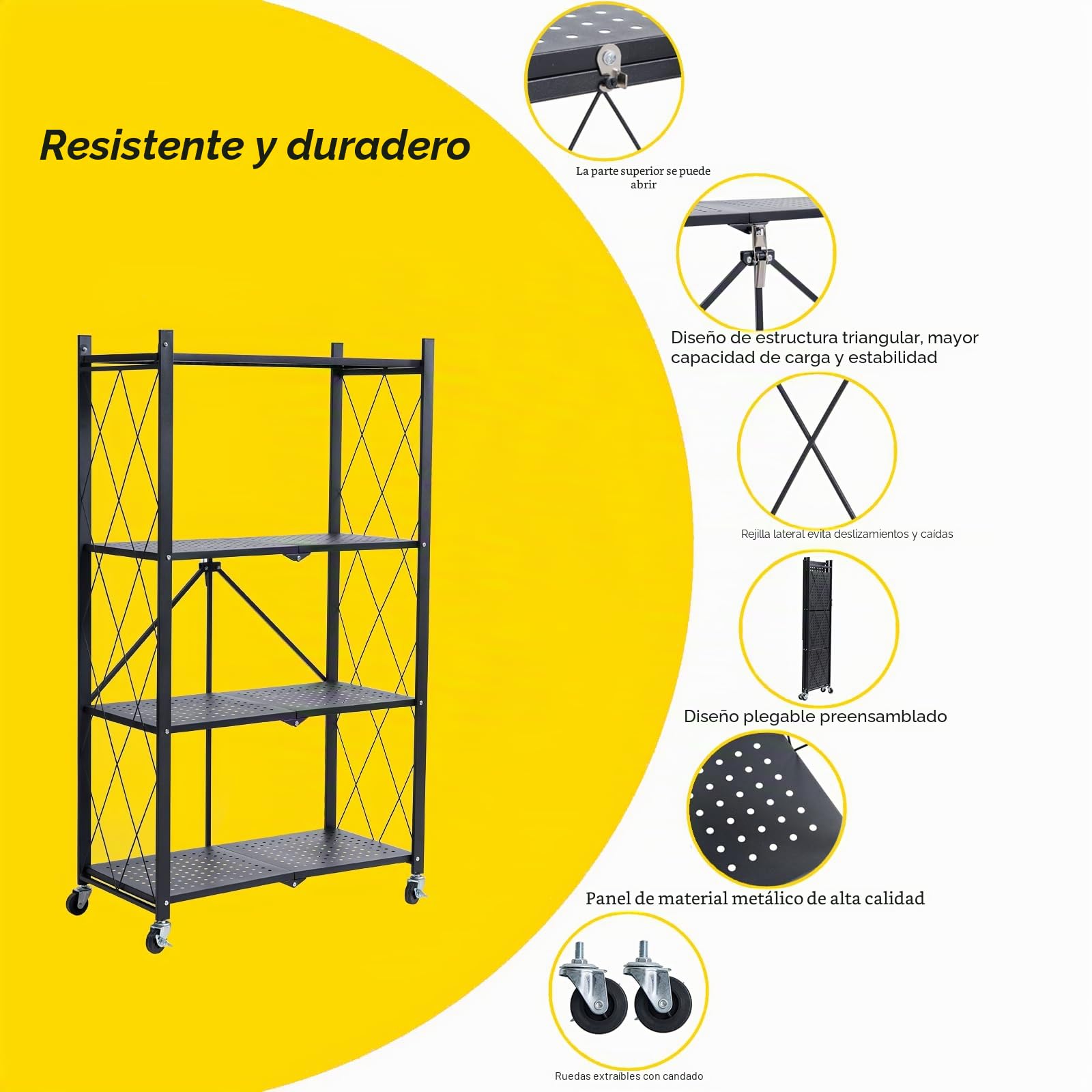BRIAN & DANY Estanteria Plegable con Ruedas 4 Niveles, Negro Estante de Almacenaje Plegables de Metal, Carga Pesada Estante Plegable para Cocina, Oficina, Garaje, 71 x 34 x 126 cm