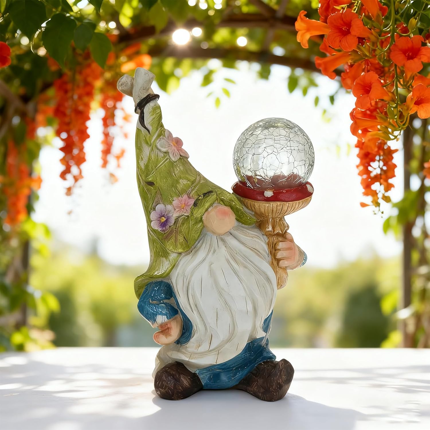 Garden Gnome Solar Light Statue - Outdoor Decorative Figurine with Crackle Glass Globe, Blue & White Floral Design, Waterproof LED Yard Art for Patio, Lawn, Garden, Porch