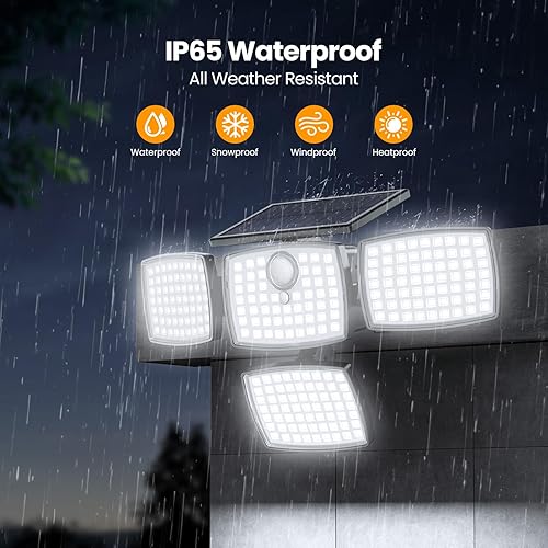 Miniatura 8 de Onforu Luces solares para exteriores, 3000 lúmenes, 4 cabezales, sensor de movimiento, luces para exteriores, control remoto, 3 modos, luces solares