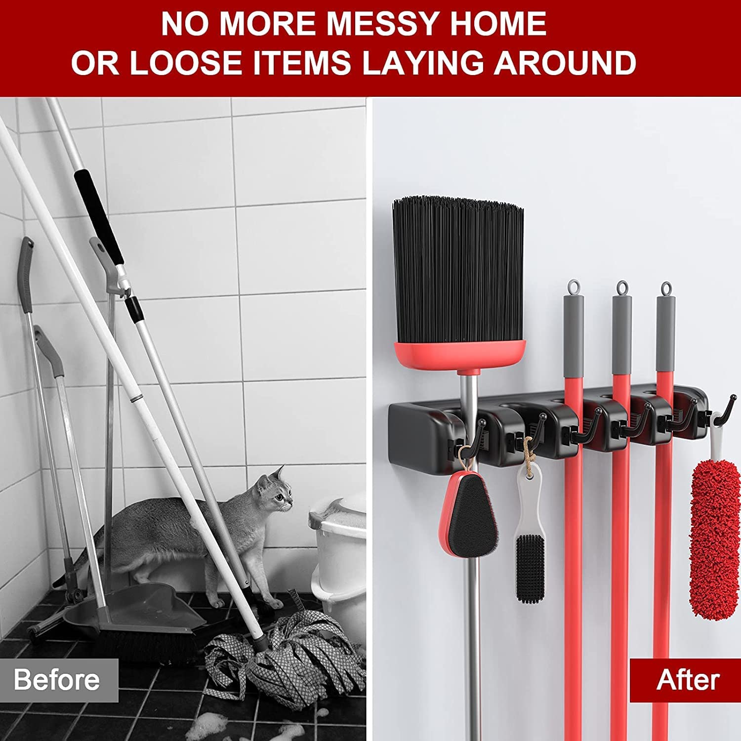 Kienlix Plastic Mop And Broom Holder Wall Mount Hanging Shelves, Heavy Duty Broom Holder Wall Mounted Or Tool Organizer For Home Garden Garage And Storage (5 Positions With 6 Hooks) (Black) - Image 3 thumbnail