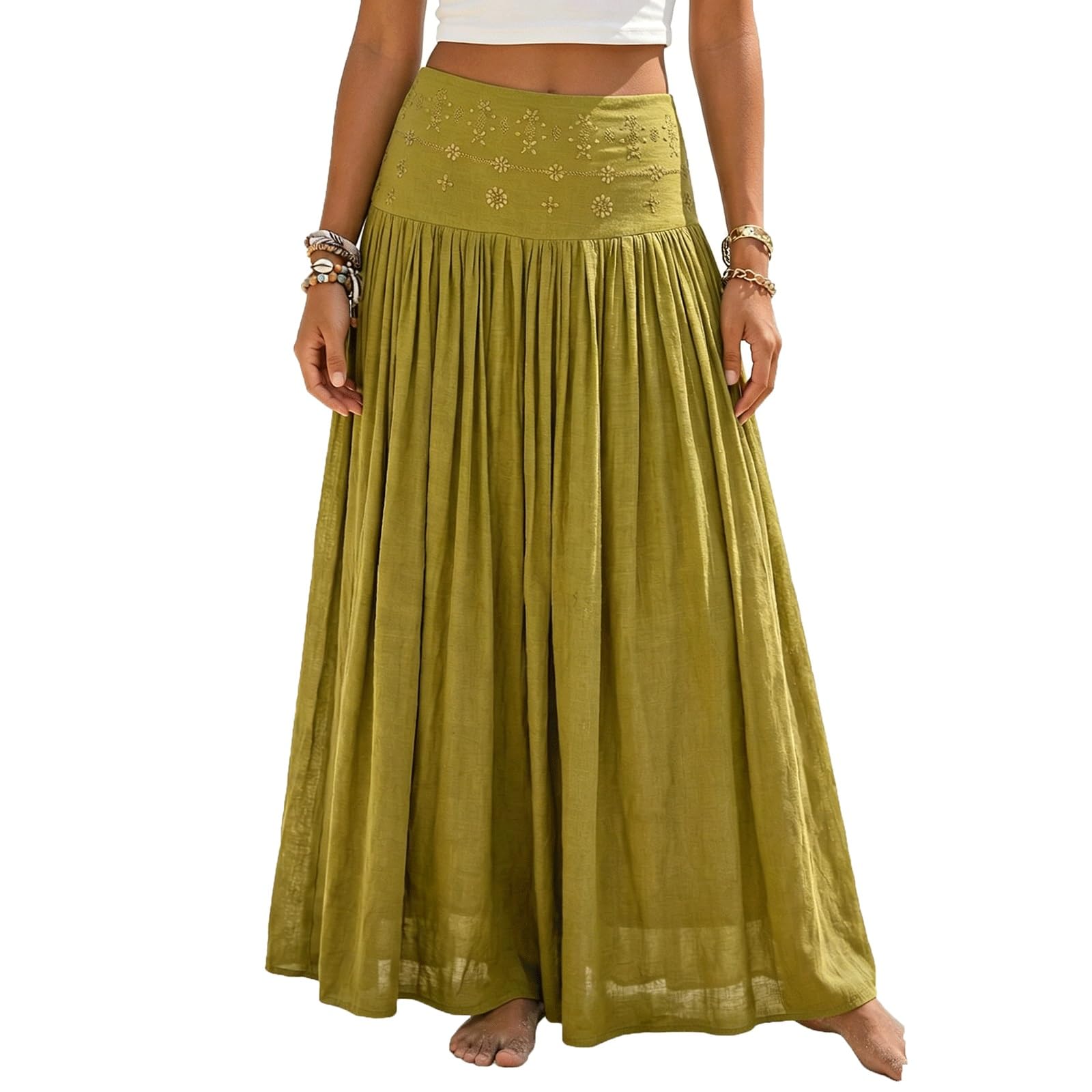 UYHBCNQD Women's Maxi Skirts Solid Color Midi Long Skirt Rhinestone Decor(Gr�n,Lagre)
