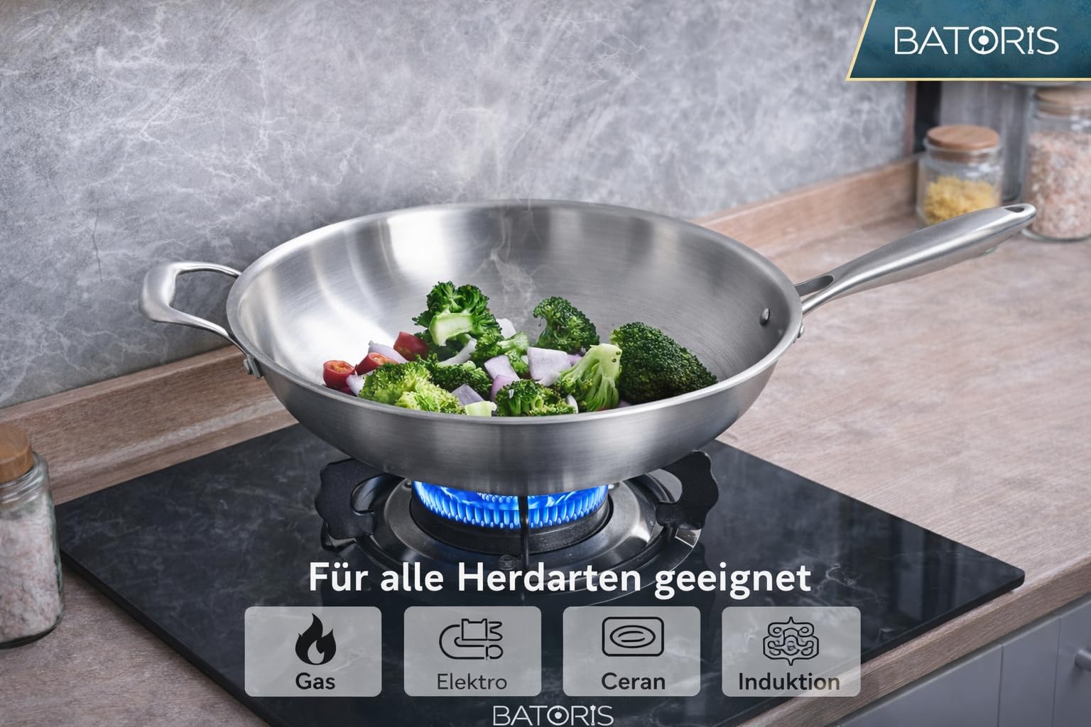 Edelstahl Wokpfanne 32 cm mit Glasdeckel – Ohne Beschichtung – für Induktion & Gas – für alle Herdarten – Wok Pfanne Groß
