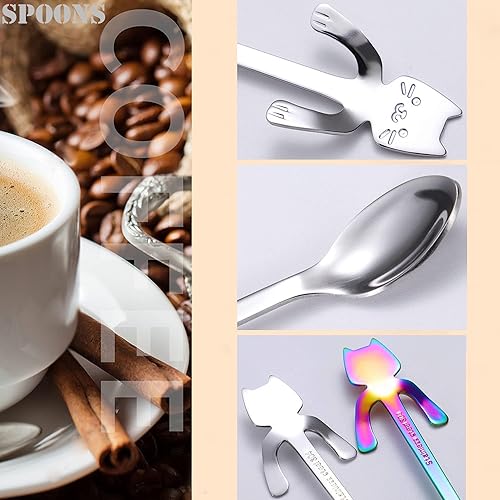 Miniatura 4 de PBIEHSR - Cuchara de café para gatos, taza colgante de acero inoxidable, cuchara de té de dos longitudes diferentes, cuchara de postre para revolver