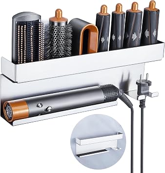 Storage Hair Dryer Holder for Curling Iron Wands Accessories, Hair Straightener Holder, Wall Mount Hair Tool Organizer for Styler Attachments, Curling Iron Holder Organizer for Bathroom, Silver