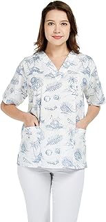 Hawaiian Print Cotton 2 Pockets Scrub Top in Vintage Tropical Toile S
