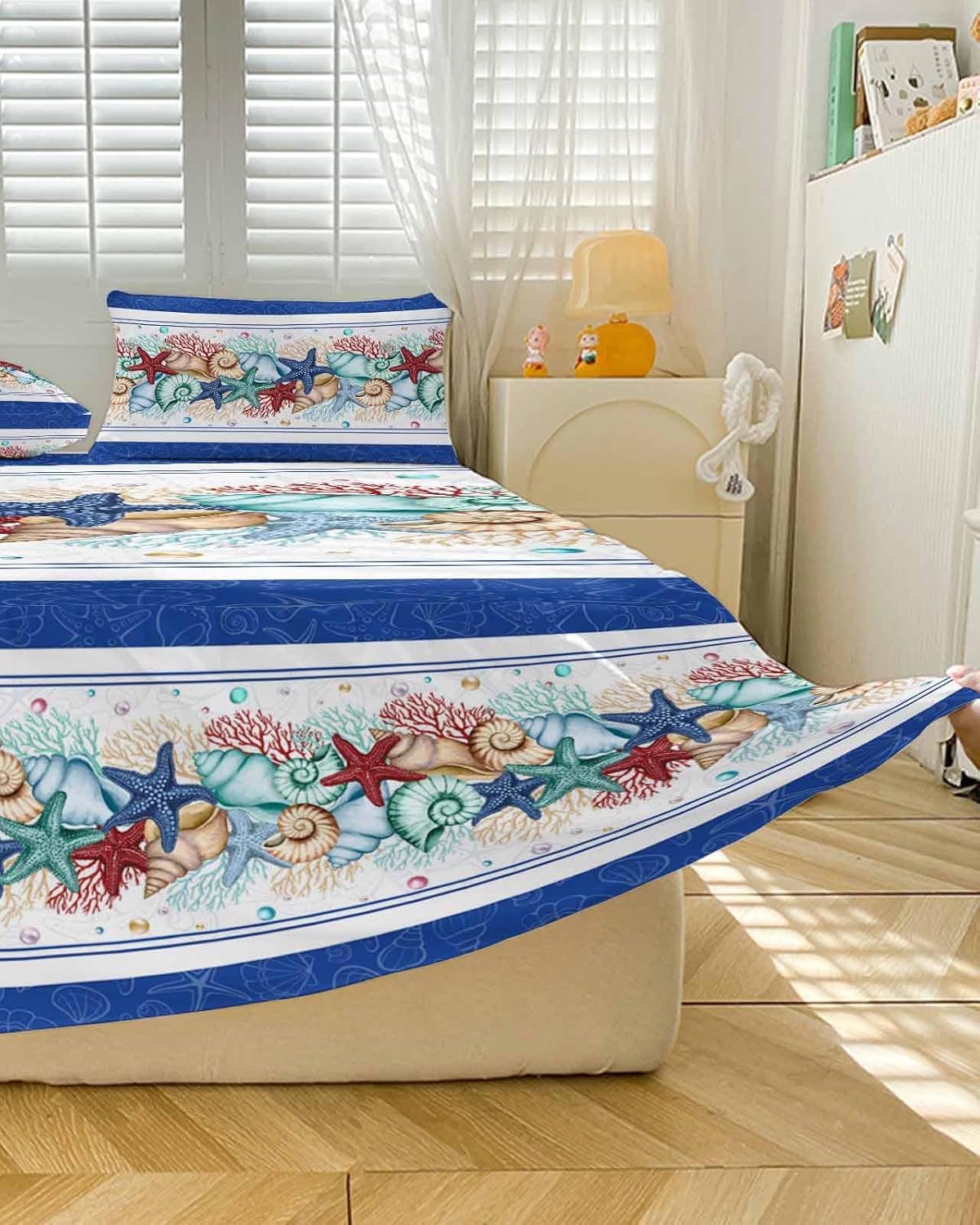 Starfish Navy Blue Bed Skirt for King Size Bed,Wrap Around Bedding Skirt Dust Ruffle Bedskirt Sets With 2 Packs Matching Pillow Covers 36"x20",18" Drop,Tropical Ocean Coral Seaside Shell Pearl