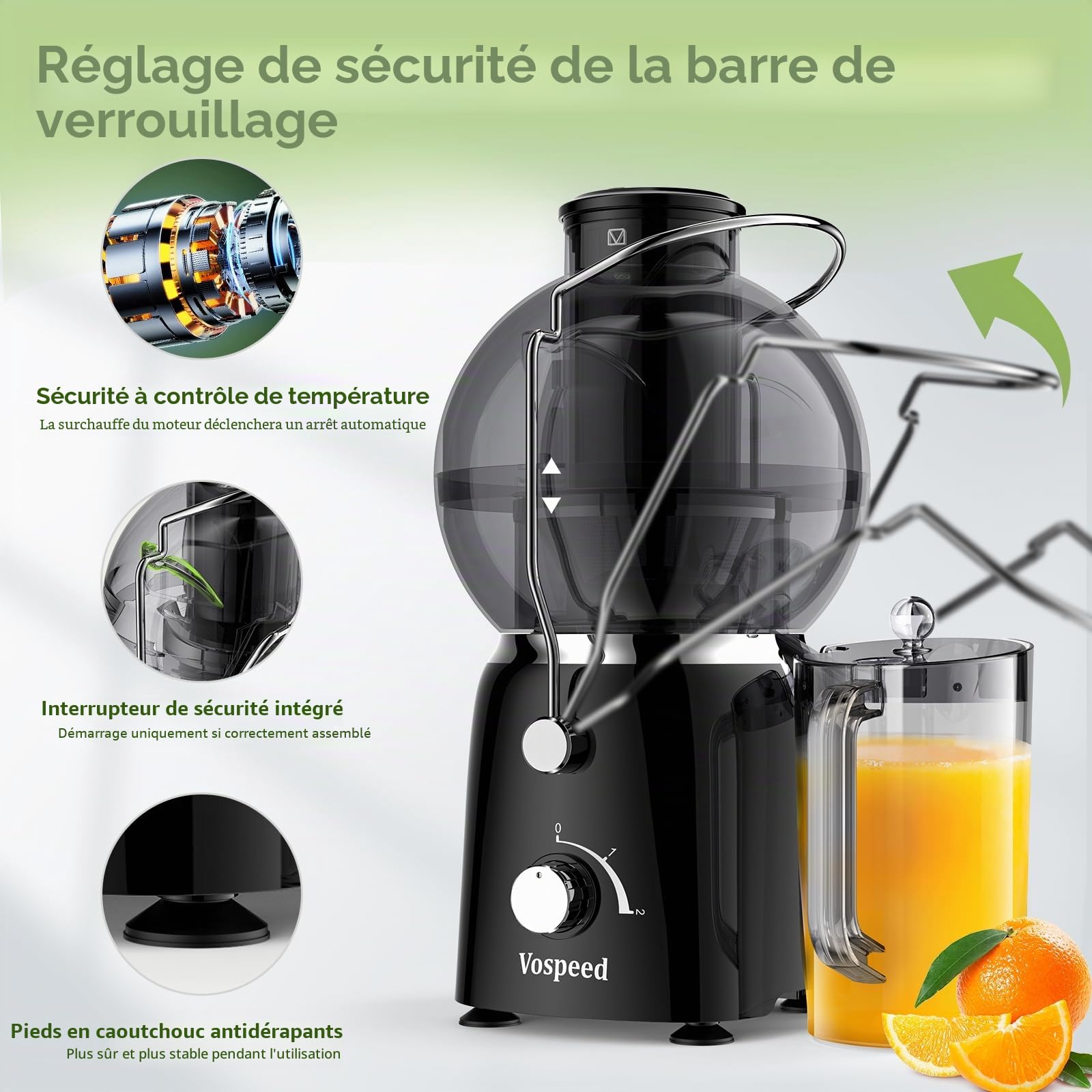 Extracteur de jus Vospeed, presse-fruits et légumes de 1400 watts avec goulotte d'alimentation de 3,5 pouces et pot à jus de 1,2 litre, sans BPA, facile à nettoyer (noir)
