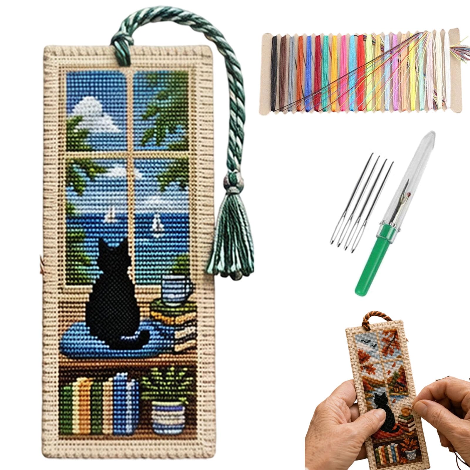 Tiwuuyo Summer Seasonal Cat Cross Stitch Bookmark, Black Cat Bookmarks Cross Stitch Kit For Beginners,Vintage Diy Stamped Embroidery With Backing Felt Floss Instructions,Cozy Gift For Book Lover (Summer)