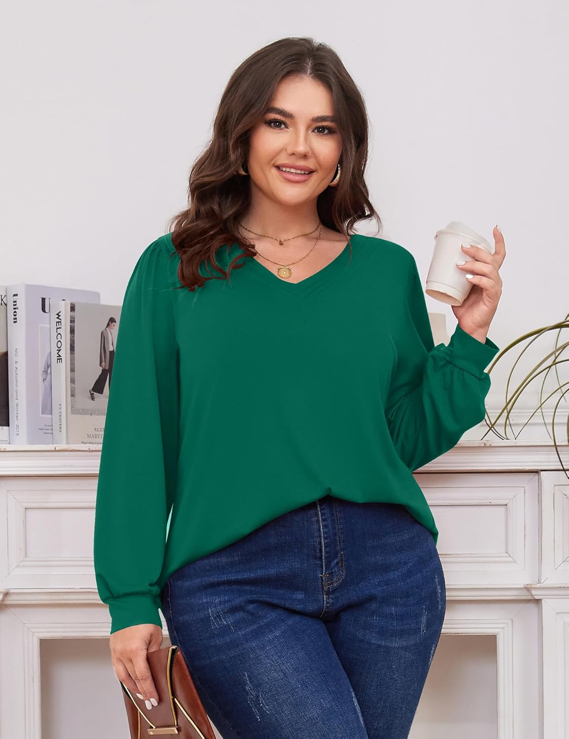 TFSDOD Plus Size Tops for Women Long Sleeve V Neck Shirts Dressy Casual Blouse Loose Fit Basic Tee Tshirt(1X-5X) - Image 3