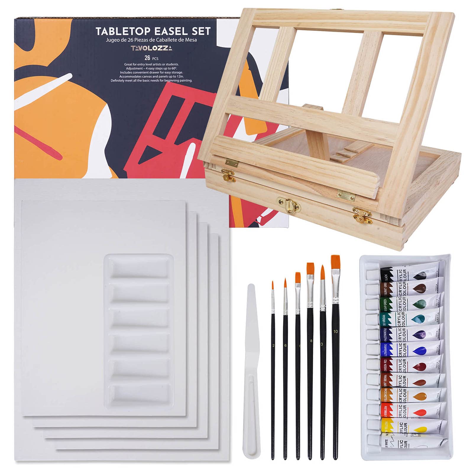 Buy Tavolozza 26pcs Easel Acrylic Painting Set, Wooden Mixed Media Art Easel Kit with Tabletop