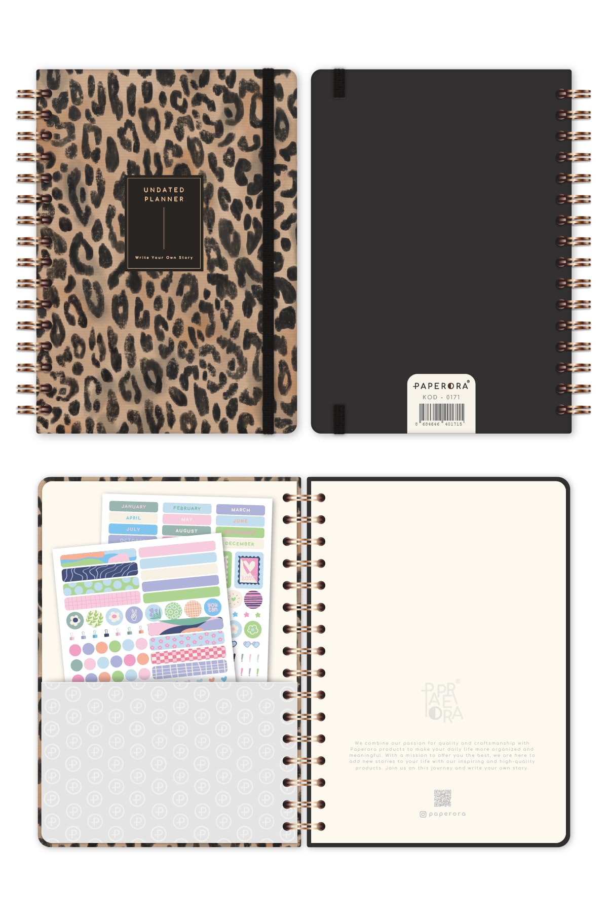 PAPERORA A5 Spiralli Süresiz Planlayıcı Ajanda Leopar - 15x21