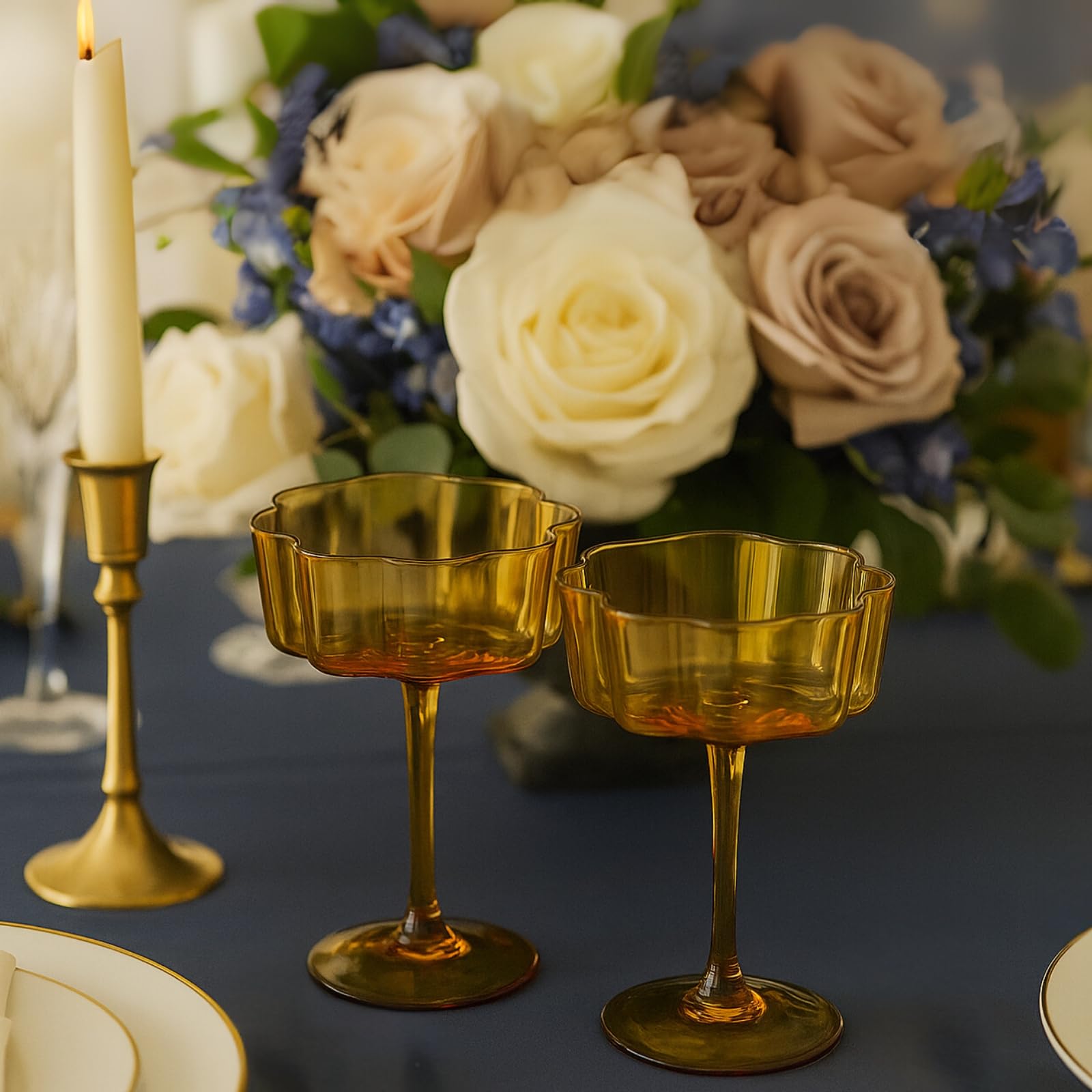 Khen Venus Glasses Luxury Glassware - Set of 6 - Everyday, Winter Gift Her, Mom, Wife, Girlfriend, Special Celebrations Drinkware, Textured Glass, Brown Style Amber Colored -Champagne Flute 6oz