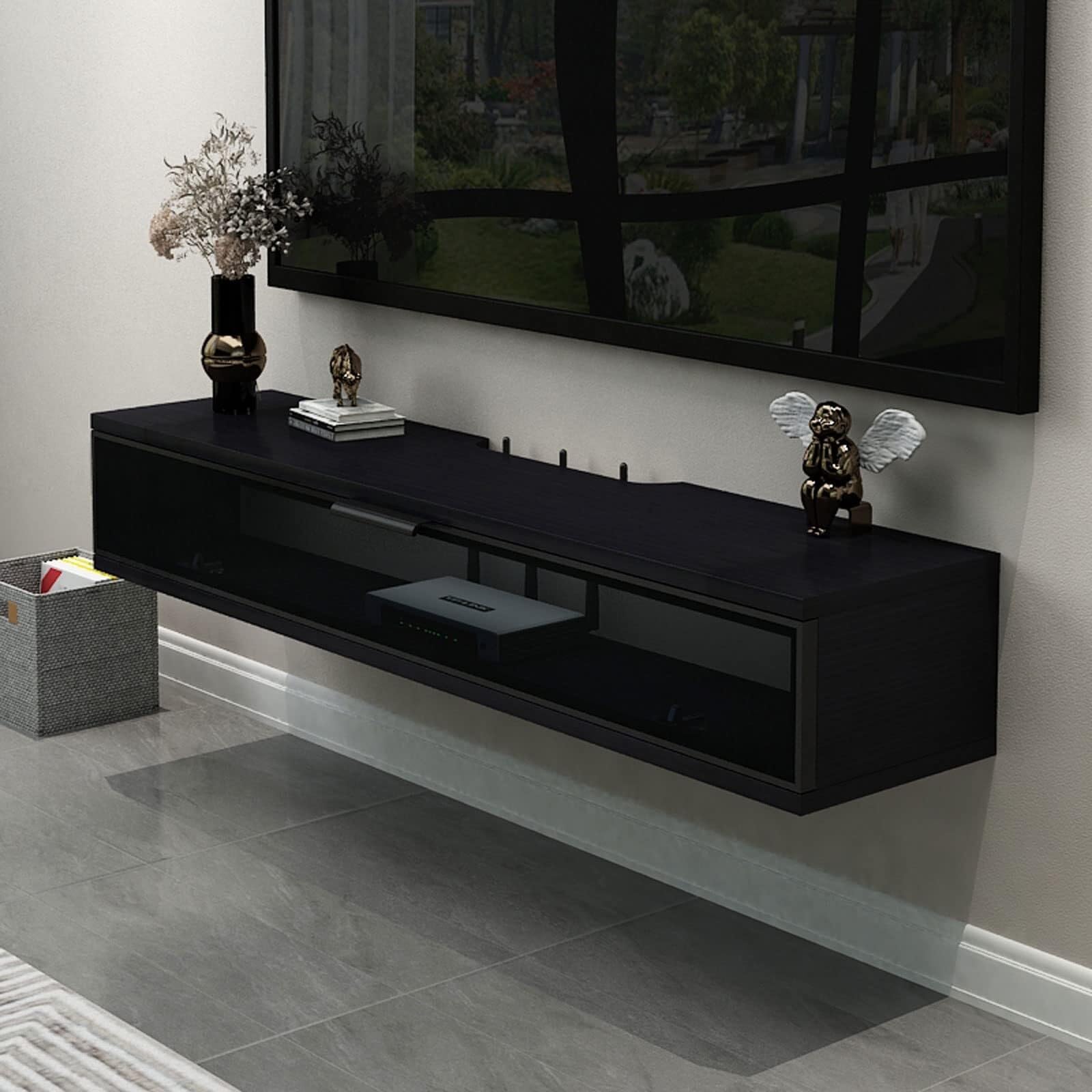 Console TV en bois noir 2m12 | L'élégance du design suspendu