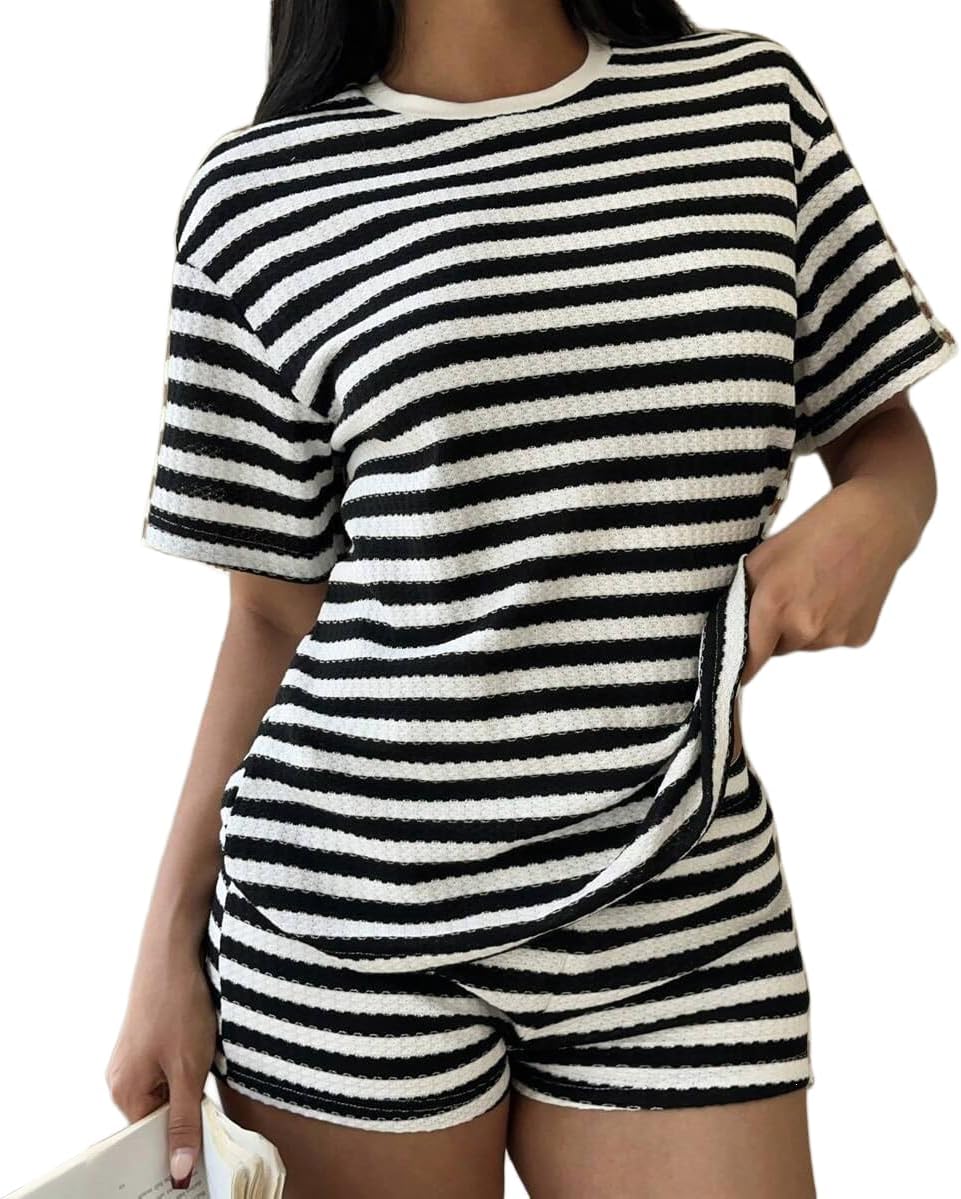 EOSIEDUR Women Striped Two Piece Outfit Short Sleeve Crewneck Top and Shorts Set with Pockets Summer Tracksuit
