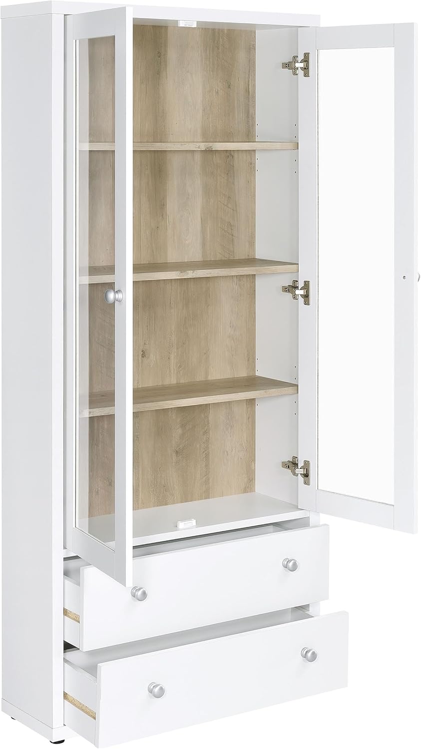 Coaster Home Furnishings - Hawthorne - 4-Shelf Tall Wood Accent Cabinet with Glass Doors, Drawers - Farmhouse Style - Living Room, Entryway & Home Kitchen - White - 953477