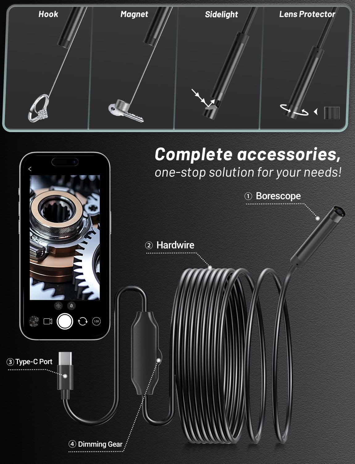 Endoscopio Telecamera 1920P HD con Luce a 8 LED, 5m con IP67 Impermeabile, per Ispezione - Compatibile con Android, iOS, iPad, Samsung