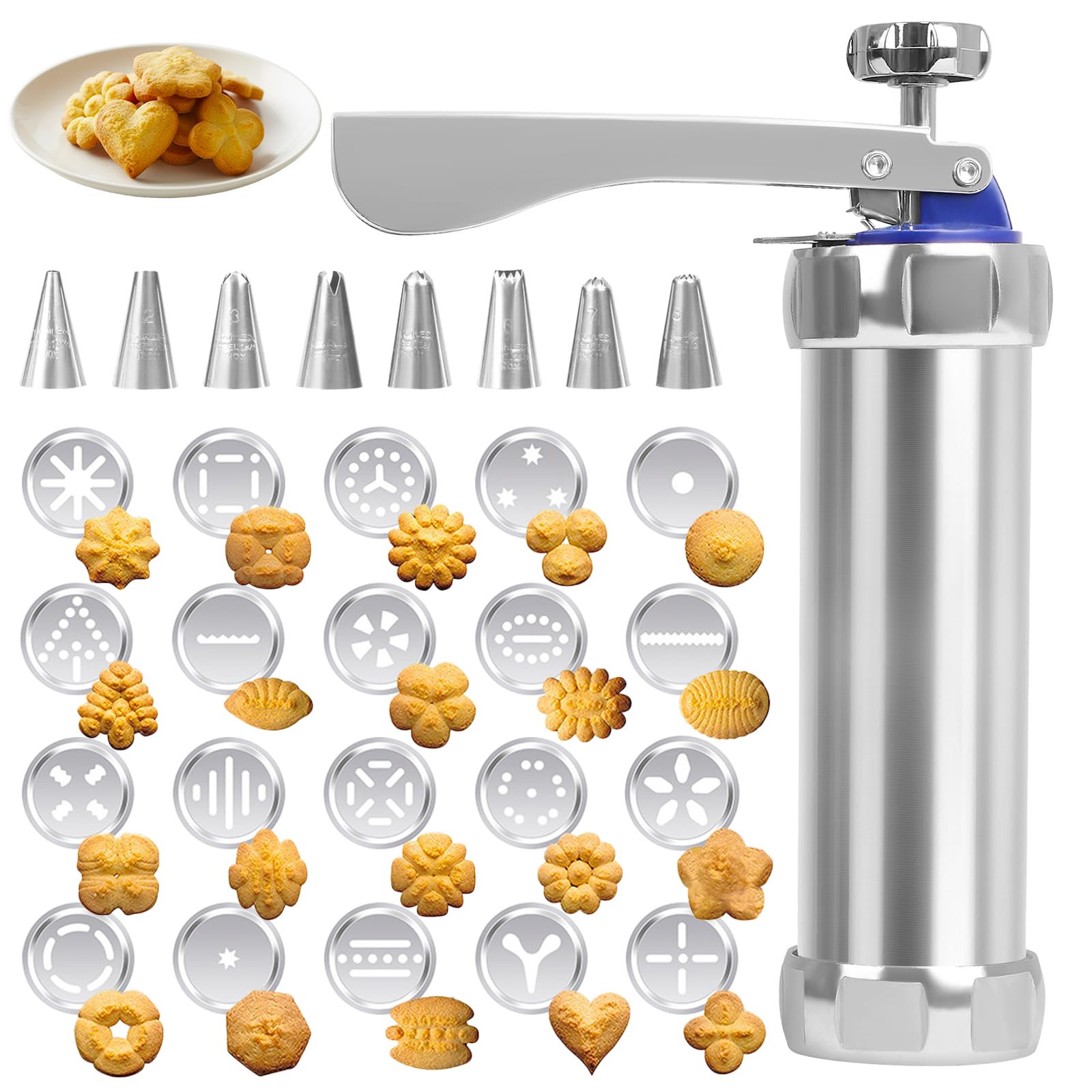 Rosedreamer Gebäckpresse, Keksmaschine, Kekspresse, mit 20 Schablonen, 8 Edelstahl Tüllen, Backspatel und Reinigungsbürste, Spritzgebäck Presse, Teigspritze, Teigpresse, für Kuchen Kekse Küche, Haushalt & Wohnen