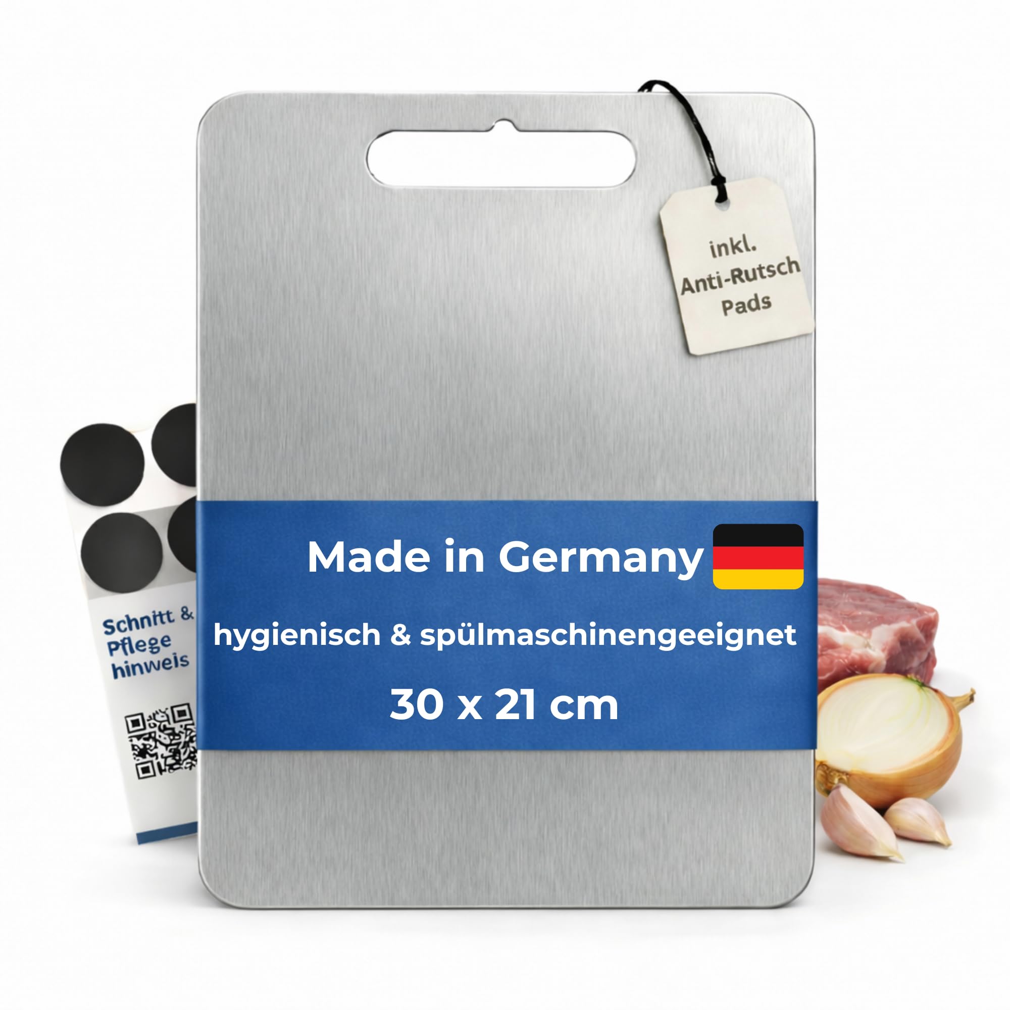 Edelstahl Schneidebrett - Hygienisch, Spülmaschinengeeignet & Rutschfest - Made in Germany - Gr. 30x21 cm - stainless steel cutting board