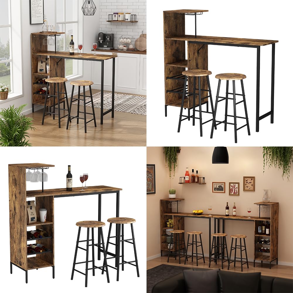 Vicco Set de Table de Bar Fyrk, Noir/chêne Rustique, 121.5x40cm avec 2 tabourets, Convient comme Coin Repas avec Surfaces de Rangement pour Le Stockage