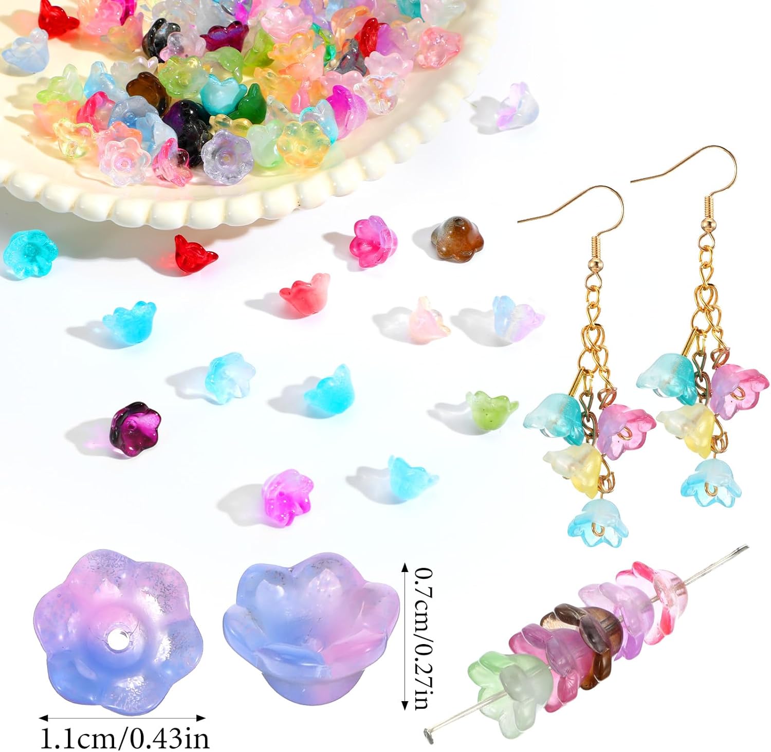 100PCS Glass Bellflower Beads, Colorful Trumpet Flower Beads for Jewelry Making, Cute Floral Beaded Charms for DIY Necklace, Earrings, Bracelets, Crafts (11mm) - Image 2