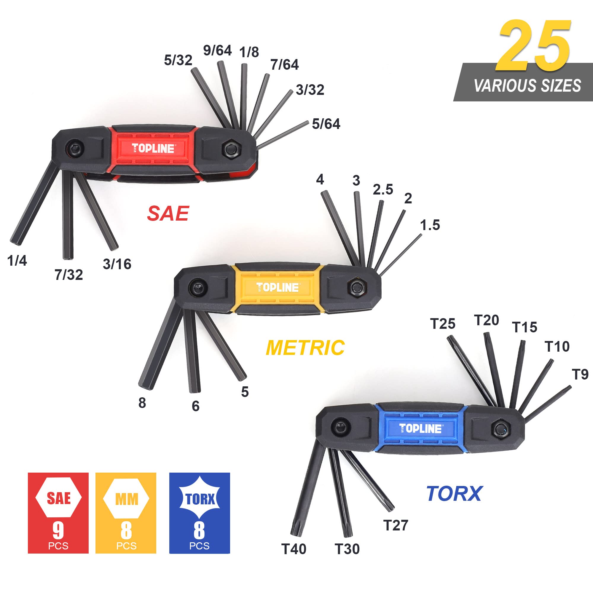 TOPLINE 25Piece Folding Allen Wrench Set, SAE, Metric, Torx Hex Key