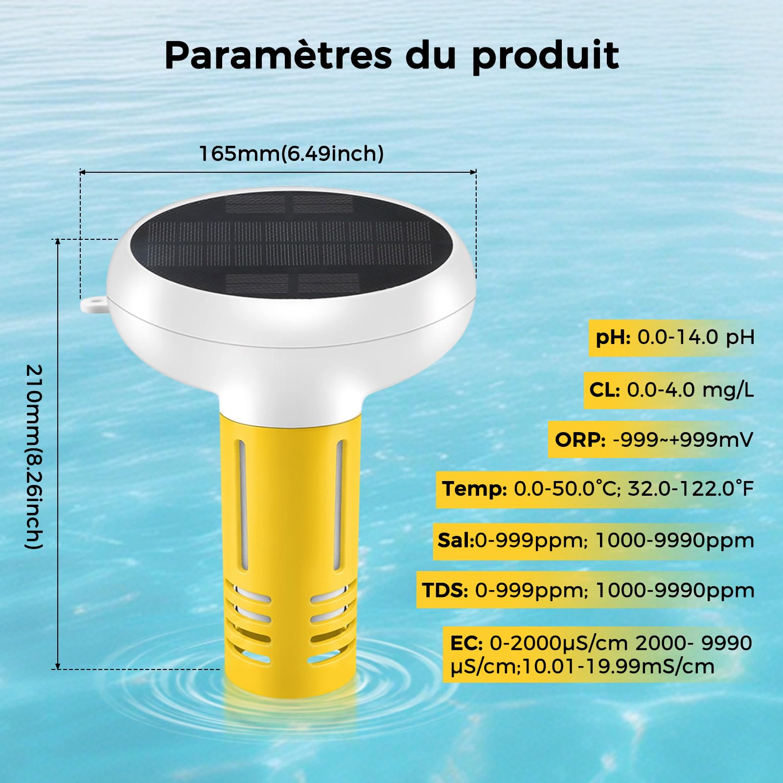 Thermomètre de piscine flottant 7 en 1 à énergie solaire pour moniteur de qualité de l'eau Tuya, pH de piscine, salinité, CL, PH, sel, ORP, conductivité électrique, moniteur de température, testeur