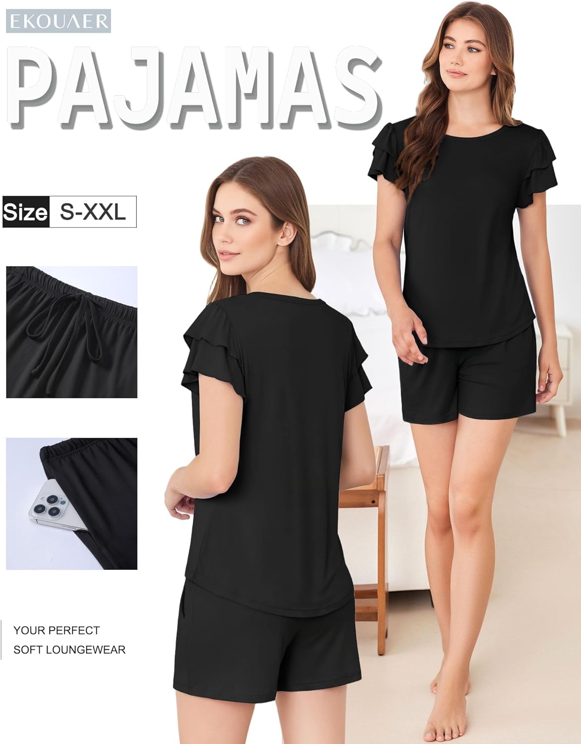 Ekouaer Womens Pajama Sets 2 Piece Ruffle Sleeves Top and Shorts Pjs Soft Sleepwear Cute Loungewear set with Pockets - Image 3