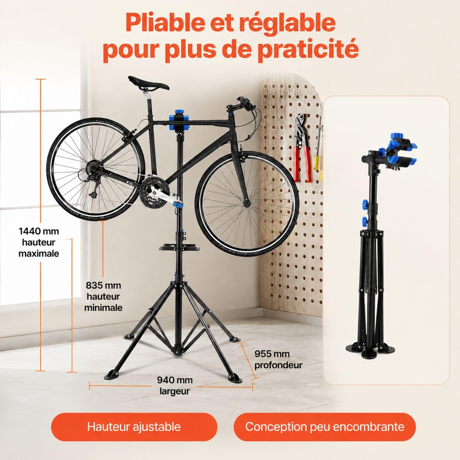 Fahrrad Reparaturständer mit Werkzeugablage, verstellbarer Montageständer für Wartung und Montage