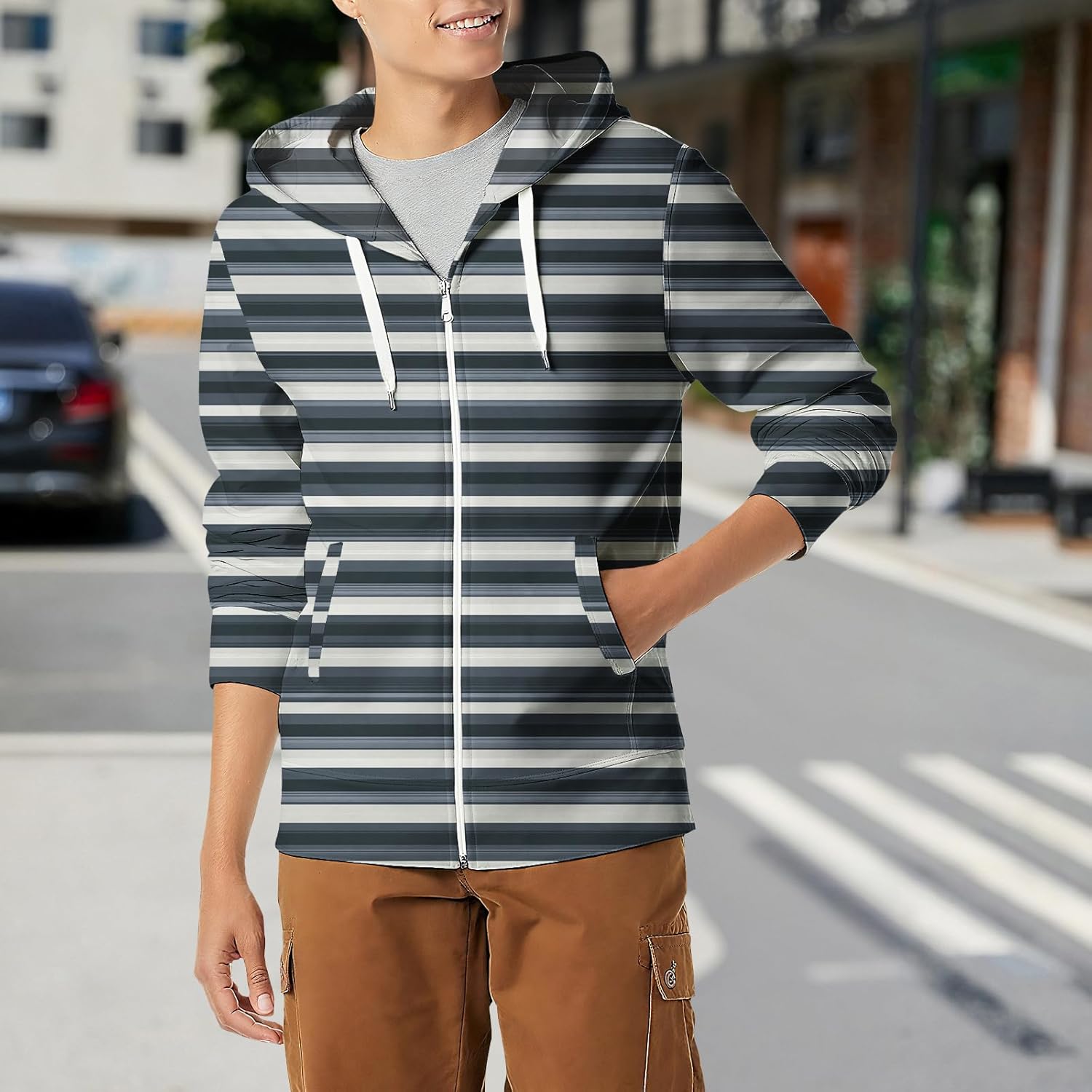 LOAIHA Men's Striped Full Zip Hoodie Sweatshirt Drawstring Hood Front Pockets Casual Everyday Comfort