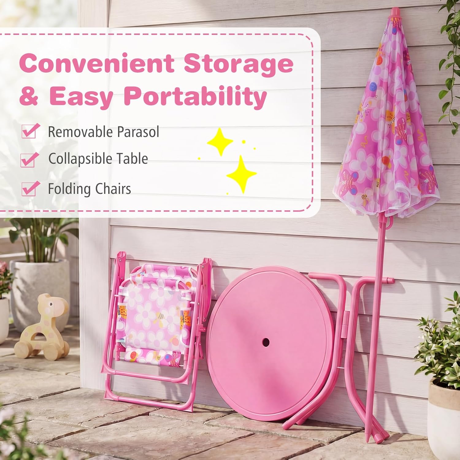 Costzon Kids Picnic Table, Kids Outdoor Table with 2 Folding Chairs, Height Adjustable Umbrella, Portable Children Outdoor Furniture for Patio, Garden, Backyard (Pink Flowers)
