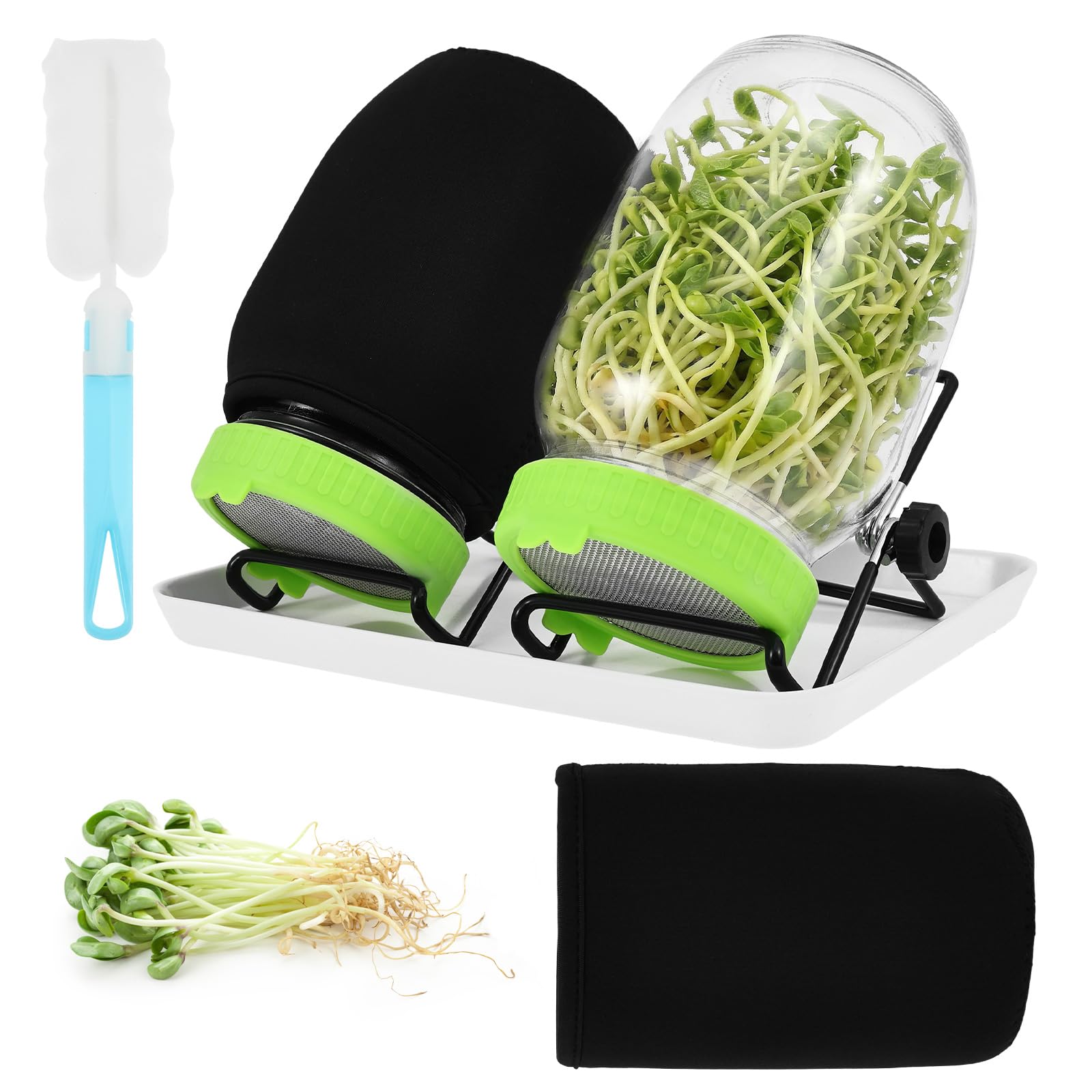 Anihet Green Seed Sprouting Jar Kit 2 Pack, 1000Ml Wide Mouth Glass Mason Jars With Stainless Steel Mesh Sprouting Lids, Stand, Blackout Sleeves, Tray And Cleaning Brush For Making Seeds Sprouts