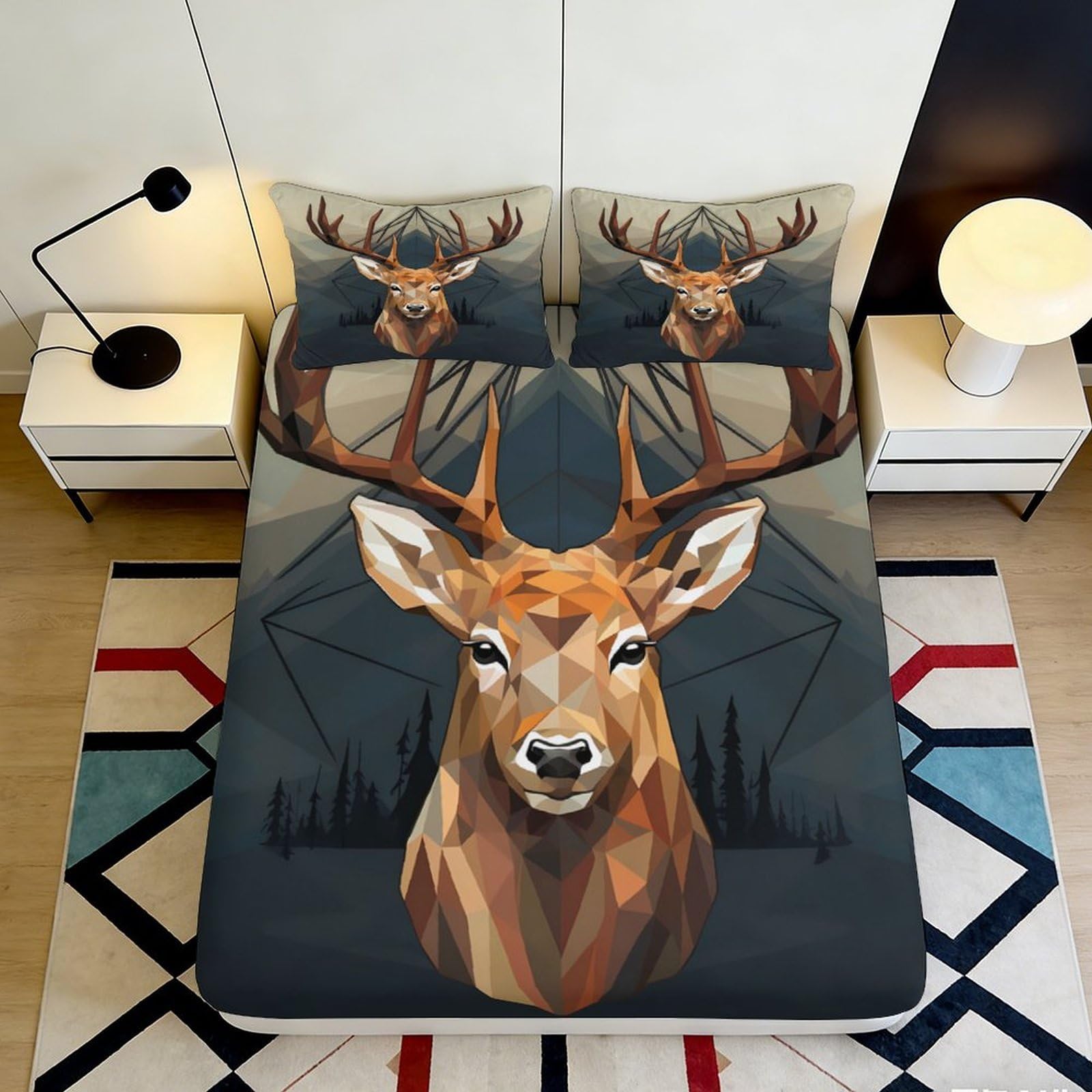 3D Printed Geometric Deer Fitted Sheet Microfiber Soft Durable 3D Printed Forest Bed Cover for Bedroom Dormitory Guest Room Mattress Protection 200x200x25cm