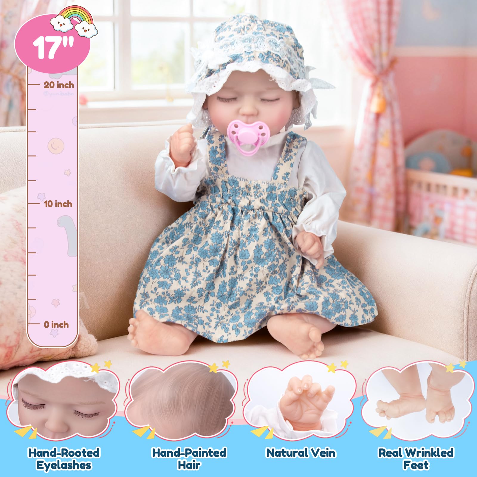 JONRRYIN Bambole Reborn con Sensore di Gravità, 43cm Bambole Reborn Interattive per Bambine, che Respirano, Piangono e Ridono, Ideali dai 3 Anni in su (Blu)