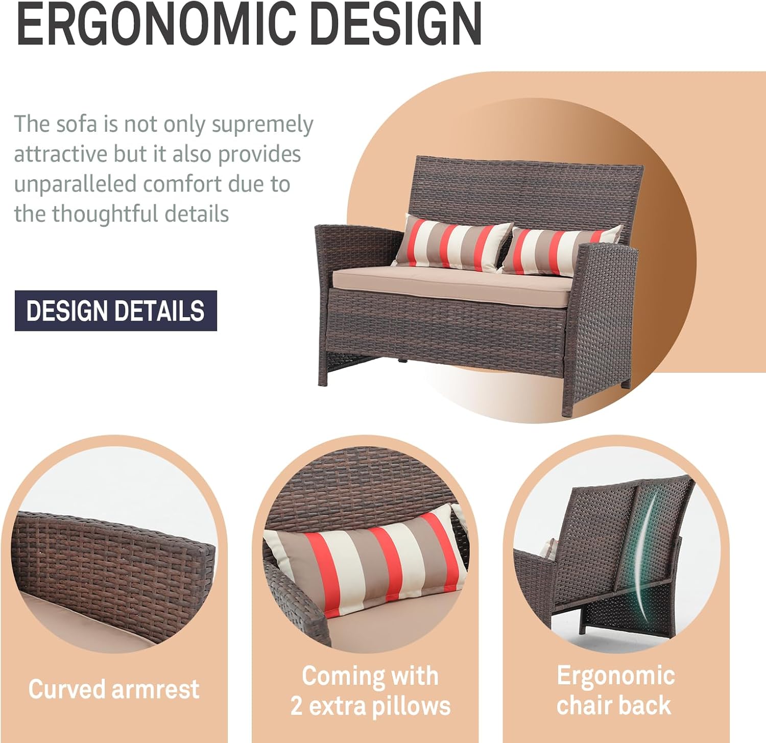 SUNSITT Outdoor Wicker Loveseat with Cushions, 2 Seats Patio PE Rattan Sofa with Lumbar Pillows, Brown Wicker & Beige Cushions, Porch, Backyard, Garden, Pool, Steel Frame