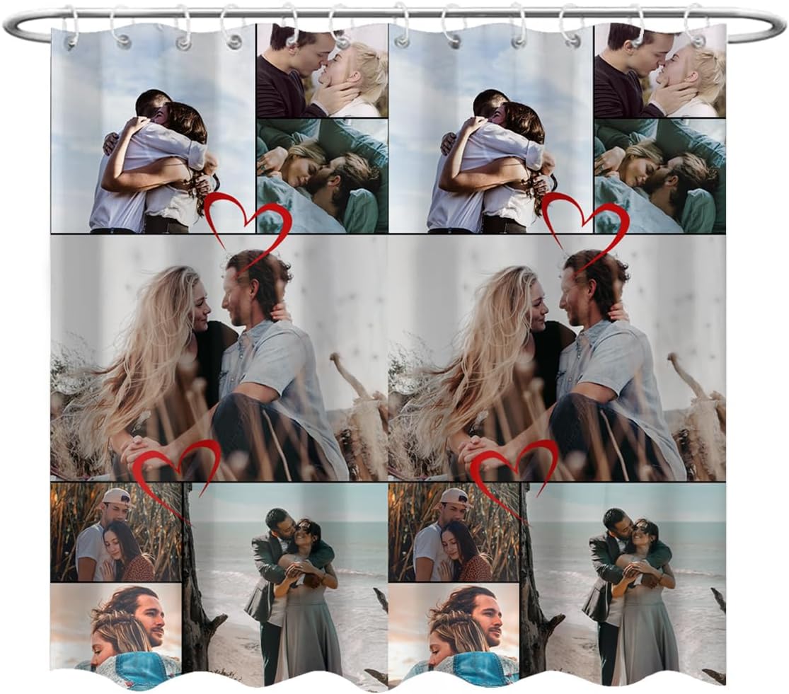 Customized Shower Curtain Photo Collage, Personalize Waterproof Fabric Bath Tub Curtains with Pictures Name Heart Designed for Bathroom Decor for Women Men (72" W X 72" H)