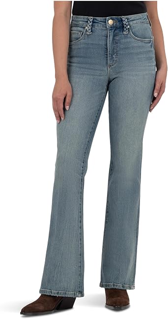 KUT from the Kloth Ana High-Rise Fab Ab Flare Raw Hem in Wave/Euro Base Wash