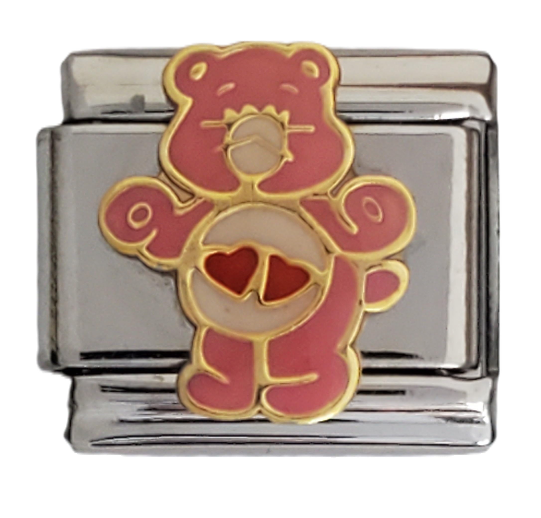 Italian Charm Bracelet Stainless Steel 9mm -Pink Bear holding two hearts - love and good luck charm - Hope and sincere feelings, 0.5, Silver