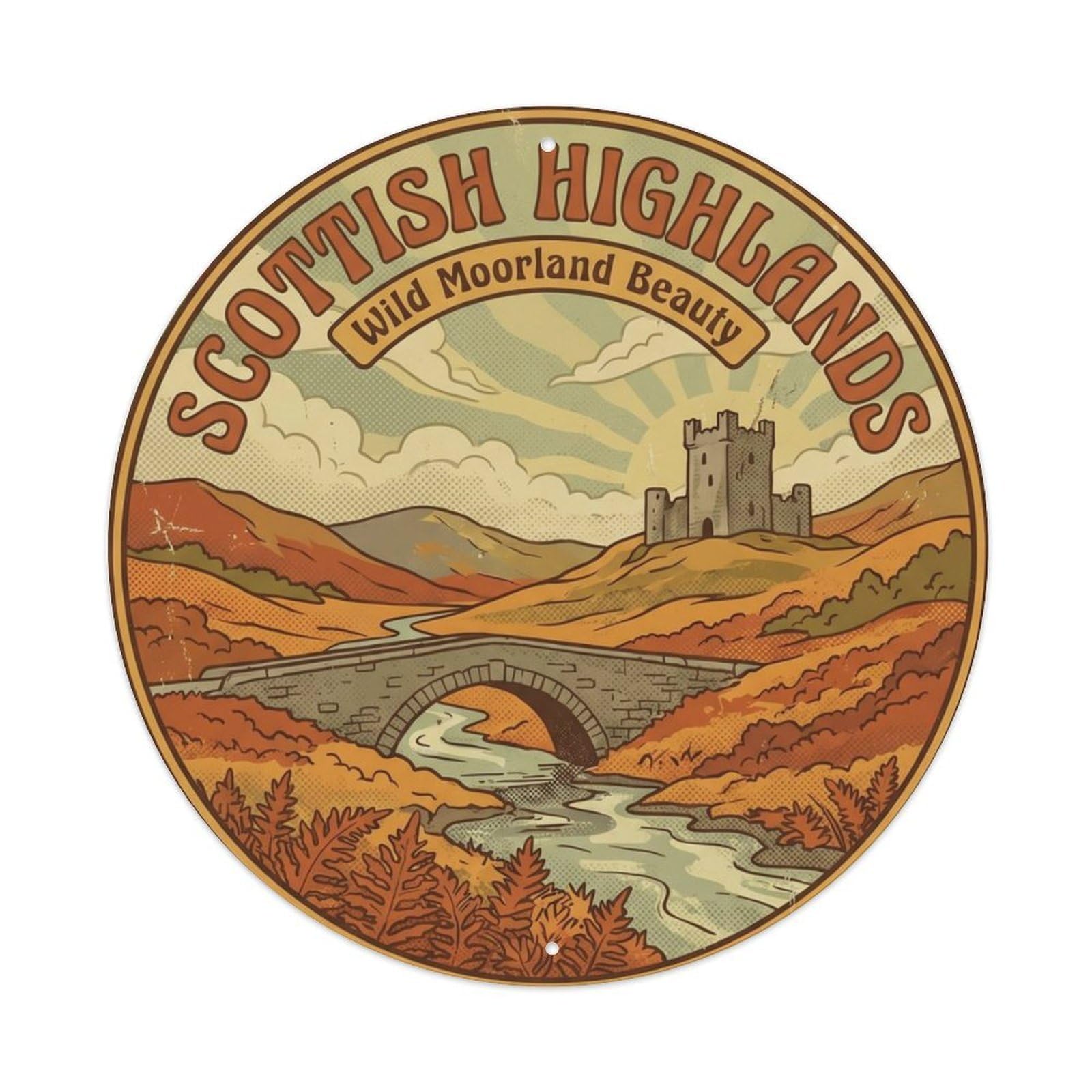 Vintage Travel Scottish Highlands Moorland Wilderness Metal Tin Sign Plaque Wall Decor for Cafe, Club Bar, Office, Home Garden Round Metal Poster 8x8Inch