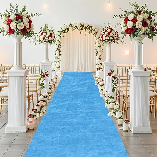 Camino de pasillo para bodas, pasillo de terciopelo azul claro con cinta de alfombra, 2 x 15 pies, camino de boda, pasillo interior y exterior,