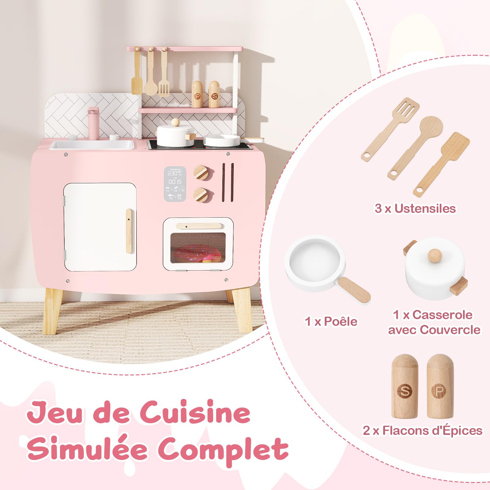 COSTWAY Cuisine Enfant en Bois avec Effet Sonore & 7 Accessoires, Jeu de Cuisine Rose avec Micro-Ondes & Évier & Robinet, Armoire, Étagère, Jeu d'Imitation pour Enfants de 3 Ans+