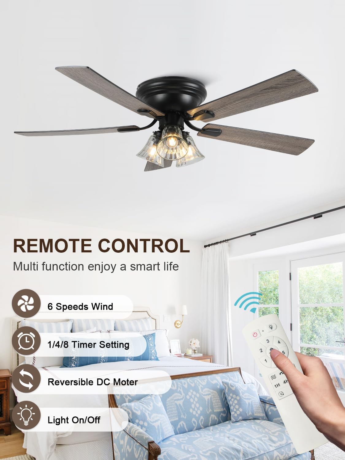 52 Inch Vintage Ceiling Fan with Lights Flush Mount Antique Ceiling Fan Rustic Chandelier Farmhouse Fandelier for Bedroom Living Room, 3 E26 Bulbs Reversible 6 Speeds