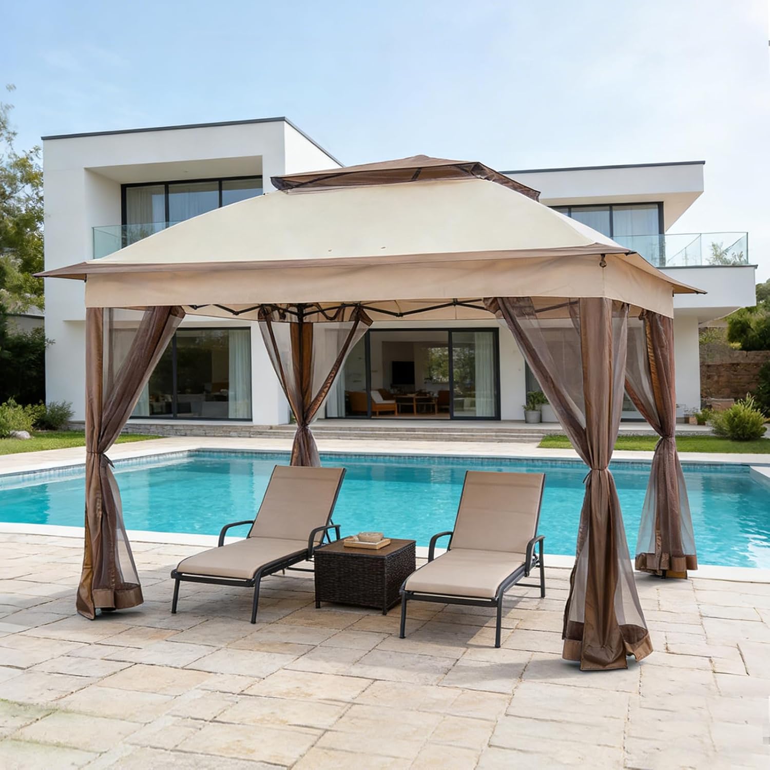 COOS BAY Pop up Gazebo 11x11, Instant Canopy Tent with Mesh Netting, Patio Gazebo with 121 Square Feet of Shade, 4 Weight Bags Included, Beige