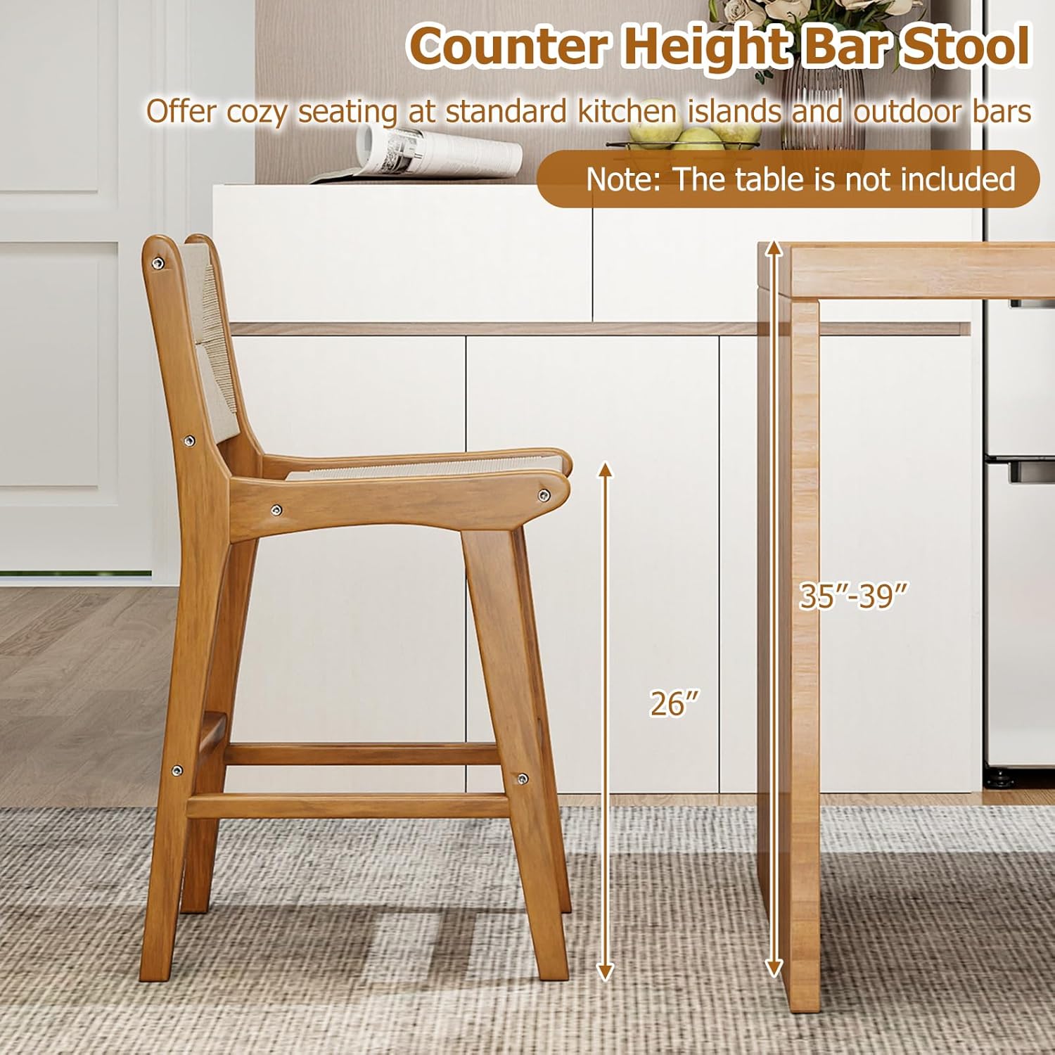 Tangkula Outdoor Counter Height Bar Stool Set of 4, Woven Paper Rope Patio Teak Wood Armless Barstool, Outside High Bistro Chair with Back and Footrest for Balcony, Deck, Garden and Yard