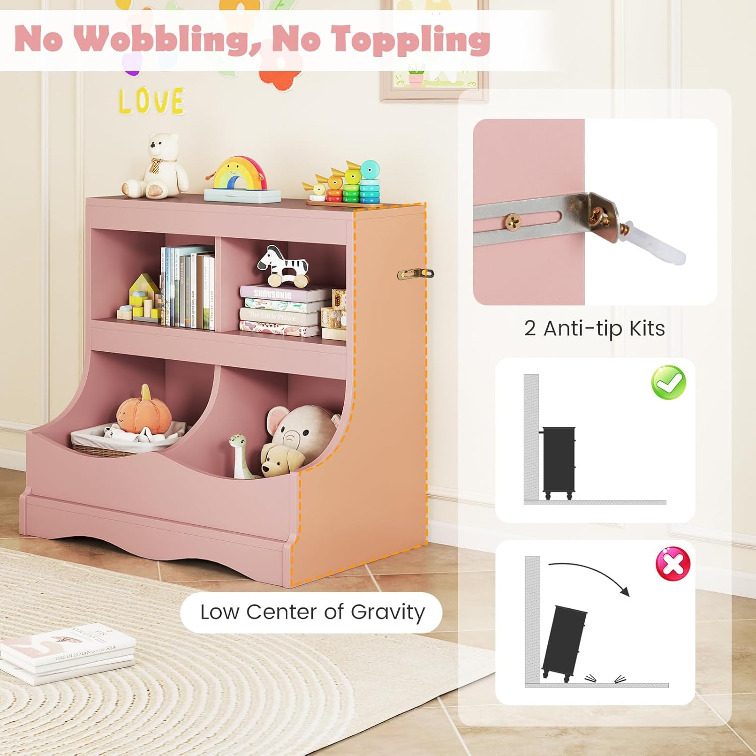 HONEY JOY Kids Toy Storage Organizer, 4-Cubby Wooden Bookcase Cabinet, 2-Tier Open Daycare Shelf for Preschool, Kids Display Bookshelf for Bedroom, Playroom, Classroom & Nursery (Pink)