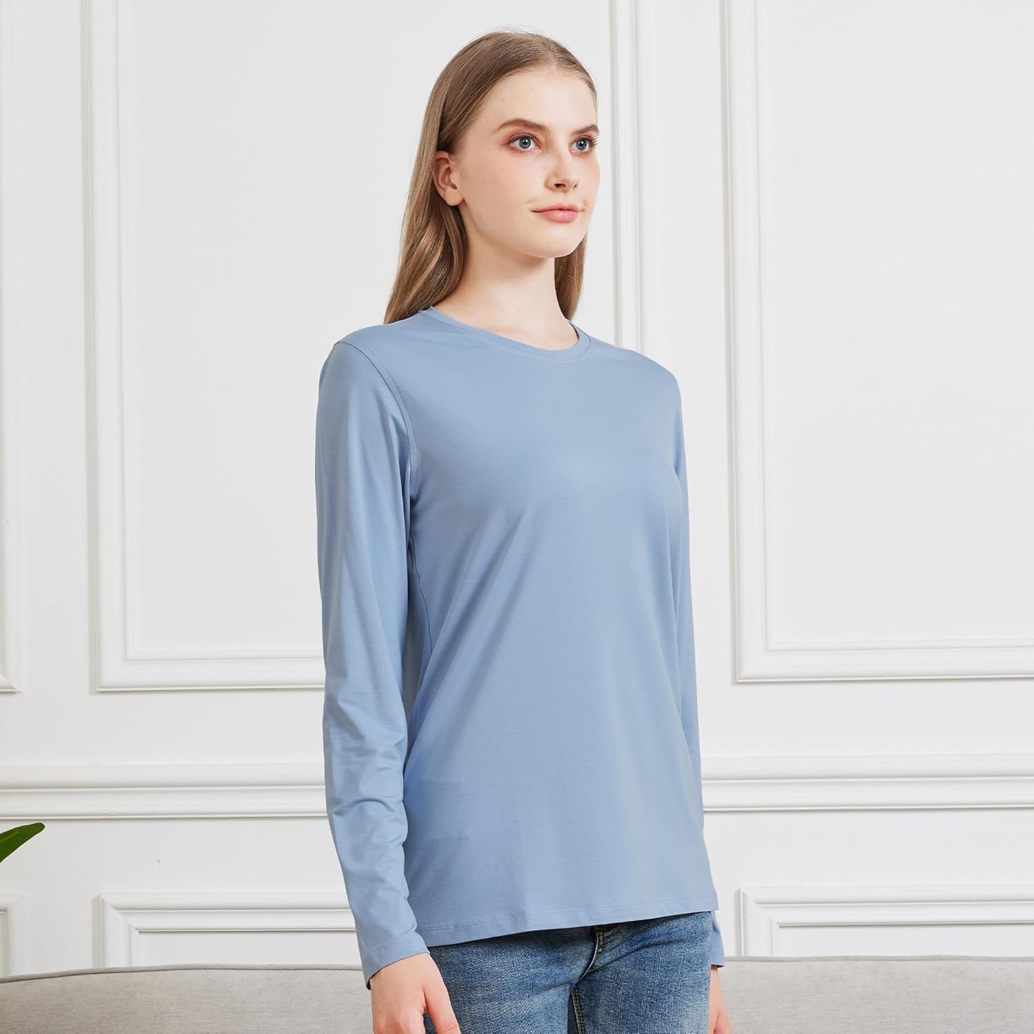netdraw Women's Bamboo Viscose Cotton Long Sleeve T-Shirt, Crew Neck Buttery Soft Comfy Casual Lounge Sleep Pajama Tees - Image 2