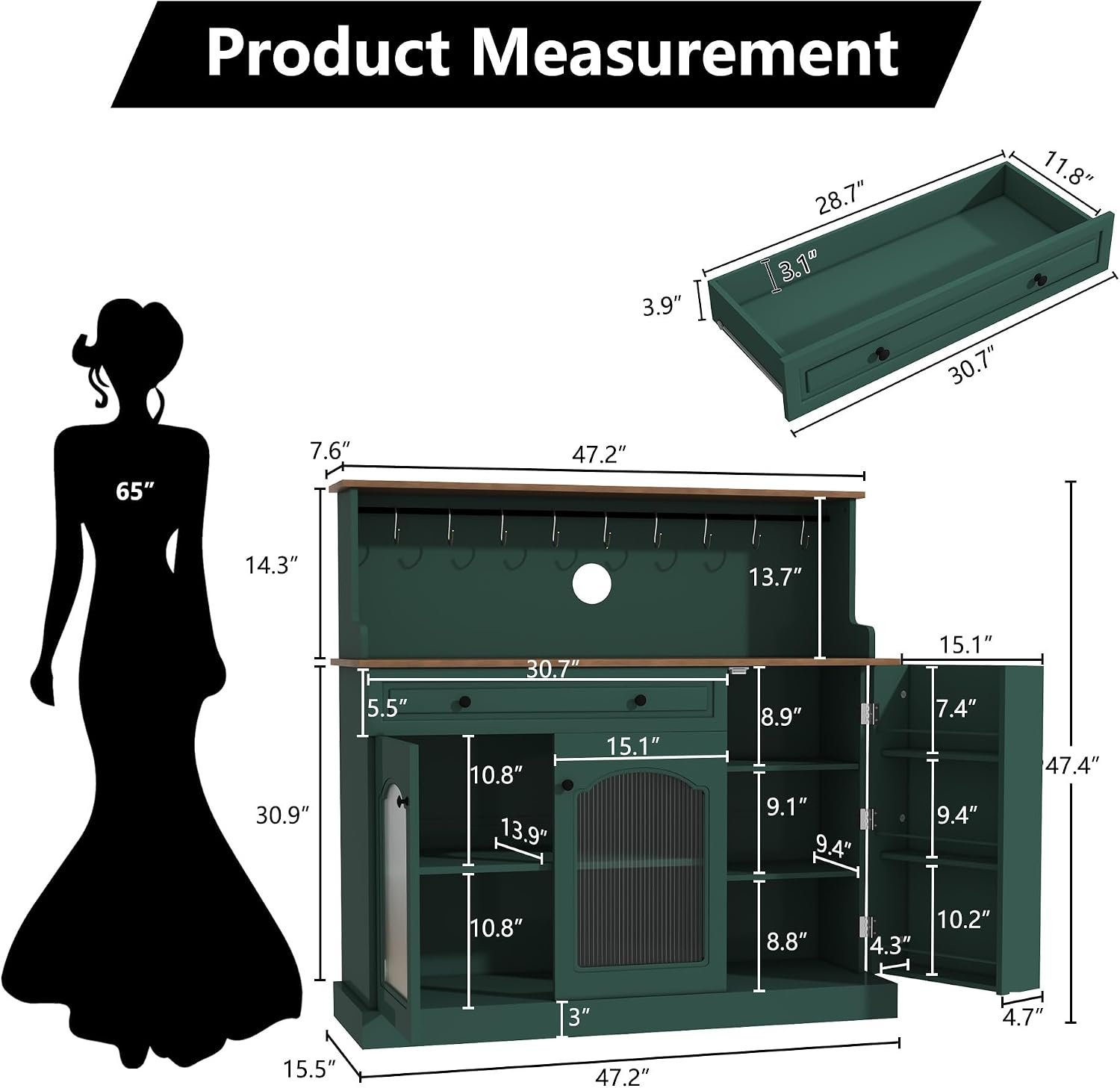 Detailed product dimensions for the ARTPOWER Farmhouse Coffee Bar Cabinet, including overall height, width, depth, and internal compartment measurements.